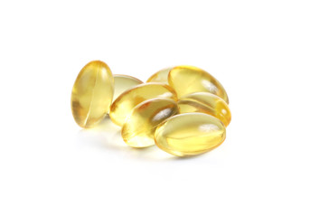 Cod liver oil omega 3 gel capsules isolated on white background
