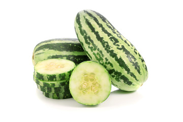 Fresh sliced cucumber on white background