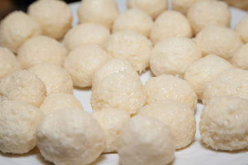 macro of sweet Indian coconut burfi treats with selective focus