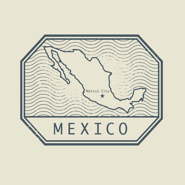 Stamp with the name and map of Mexico