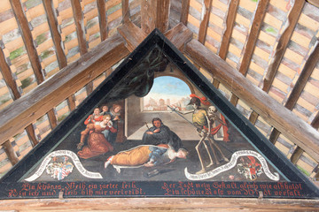 Luzern Switzerland wooden bridge antique skeleton paintings