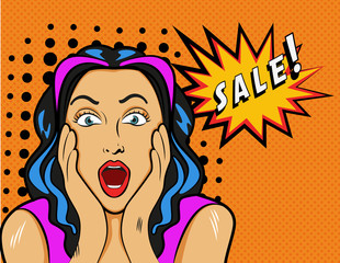 Woman with Sale sign. Vector Illustration in pop art style