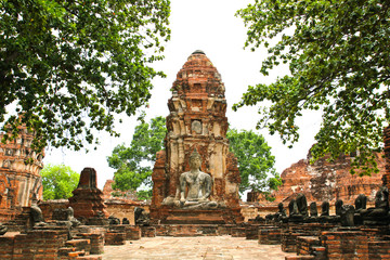 Old Buddha Statue and Old Temple Architecture at Wat Mahathat