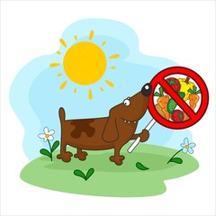 Dog keeps prohibited signs with vegetables