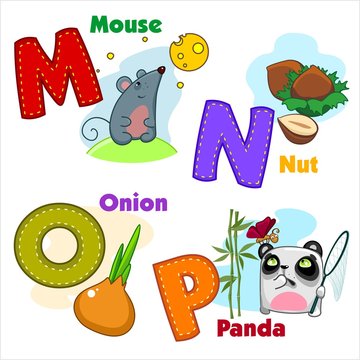 English alphabet  M N O P with letters and pictures to them
