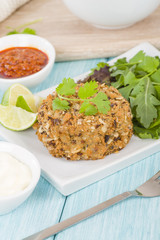 Fishcake - Deep-fried tuna, lime and coriander fishcake served with salad.
