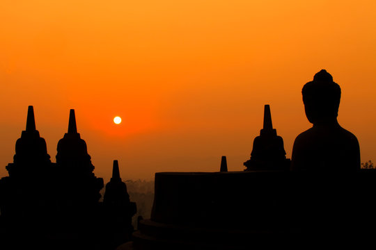 Morning silhouette of Buddha image on Borobudur temple,Yogyakart