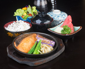 japanese cuisine. hot plate fish on the background
