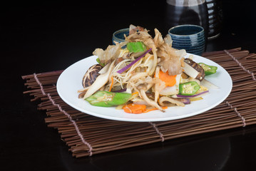 japanese cuisine. fried mix vegetables on the background