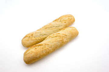 Two french baguettes on white background