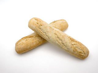 Two french baguettes on white background