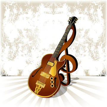 vector illustration jazz guitar with a treble clef and shadow on grunge background template for poster or billboard