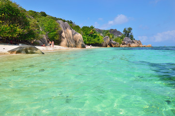 Fototapeta na wymiar Granite rocky beaches on Seychelles islands, La Digue, Source D'