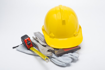 construction hat and gloves white backgrund