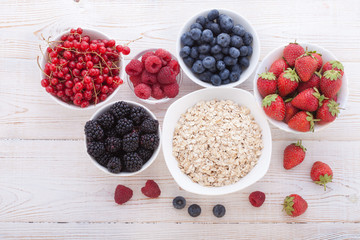 Breakfast - berries, fruit and muesli on white wooden