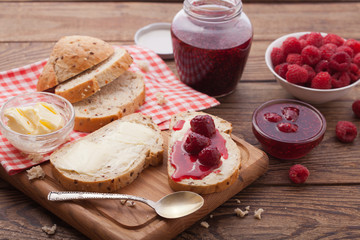 overhead view on healthy breakfast with strawberry jam