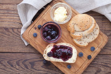 Overhead view on healthy breakfast with strawberry jam