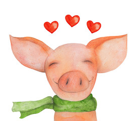 Pig Portrait in the green scarf with heart. Love. Watercolor - 87984999