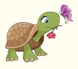 Cute turtle cartoon/Cartoon smiling green turtle character/Cartoon tortoise walking forward with a slow, steady gait/T-shirt Graphics/illustration turtle/emotional postcard
