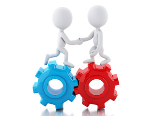 3d White business people standing on the gear and make a handsha