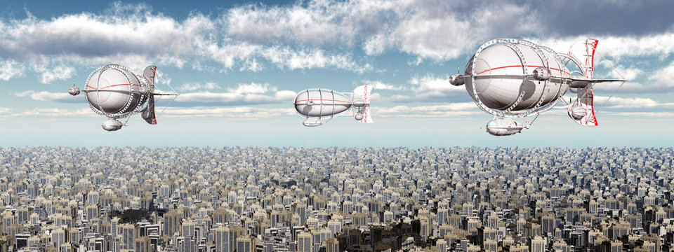 Fantasy airships over a megacity