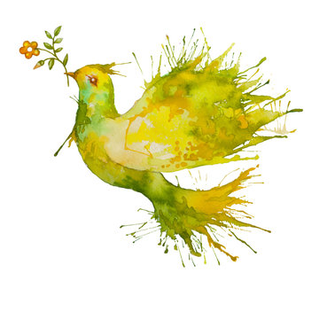 Green Dove Flying With Flower Branch