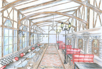 Hand drawn sketch of restaurant hall