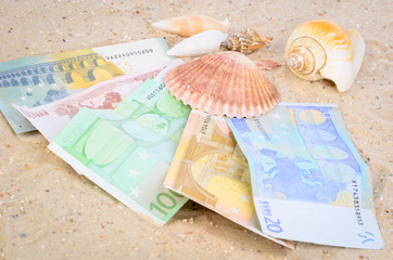 Geldscheine mit Muscheln auf Sand