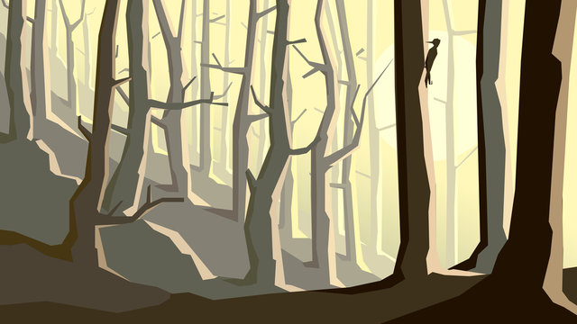Horizontal illustration of cartoon forest on hill.