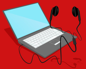 A laptop that is connected to the earphone
