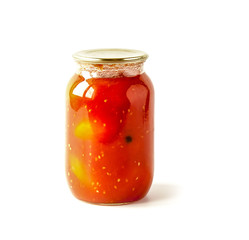 Salted tomatoes in a glass jar isolated on white