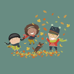 Kids playing with autumn leaves
