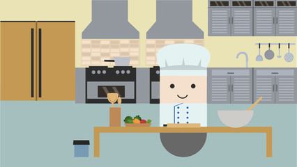 Chef In Kitchen. Flat style vector illustration.