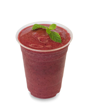 cold fresh berry smoothie in takeaway glass isolated on white ba