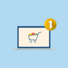 Laptop with shopping cart and notification icon. Vector illustration...