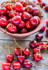 fresh red cherry in a plate,healthy snack, summer, selective foc