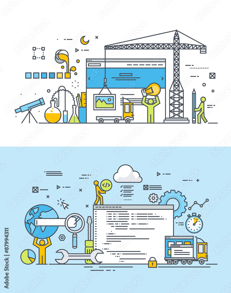 Wall mural set of thin line flat design concepts of website design and development. vector illustrations for we