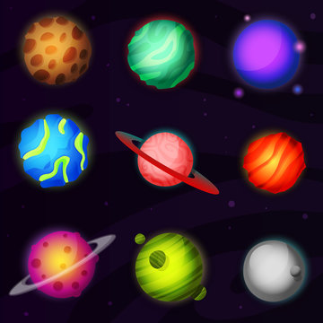 Set of 9 colorful luminous fantastic planets from other galaxy