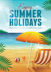 Fototapeta na wymiar Summer Holidays vector illustration with deck chair, umbrella, beach ball, and starfish on the beach.