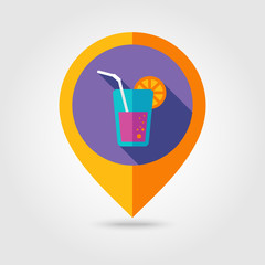 Cocktail flat mapping pin icon with long shadow