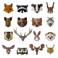 Set of forest animals faces isolated icons. Flat style design. 