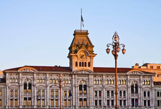 Trieste, Italy - Unity of Italy Square, detail of City Hall at sunset