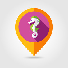 Sea Horse flat mapping pin icon with long shadow