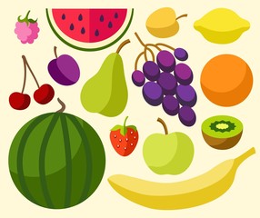 Fruits, berries, ripe, colored, flat. 