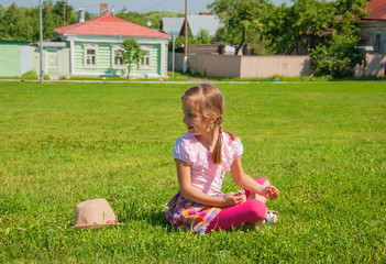 Laughing little girl with pigtails on the lawn in the village