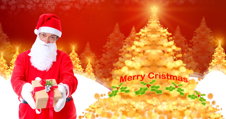 happy Santa Claus with giftboxes looking at camera .Christmas tr