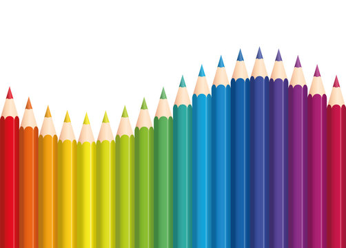 Colored pencils that form a rainbow colored wave. Isolated vector illustration on white background.