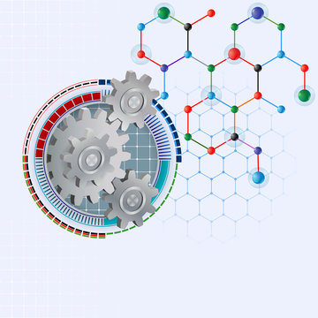Design template for abstract science background; Three dimensions cogwheels correct geared, artistic designed inside of graduated futuristic device on hexagonal chemical structure