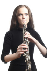 Oboe player oboist playing music instrument