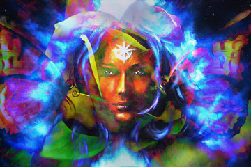 mystic face women with butterflies, color background collage. ey